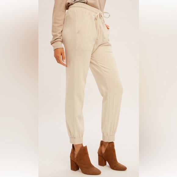 332. Soft Faux Suede Jogger Pant W/ Pockets Off White Cream NEW Item NWT S,M,L - Picture 2 of 5